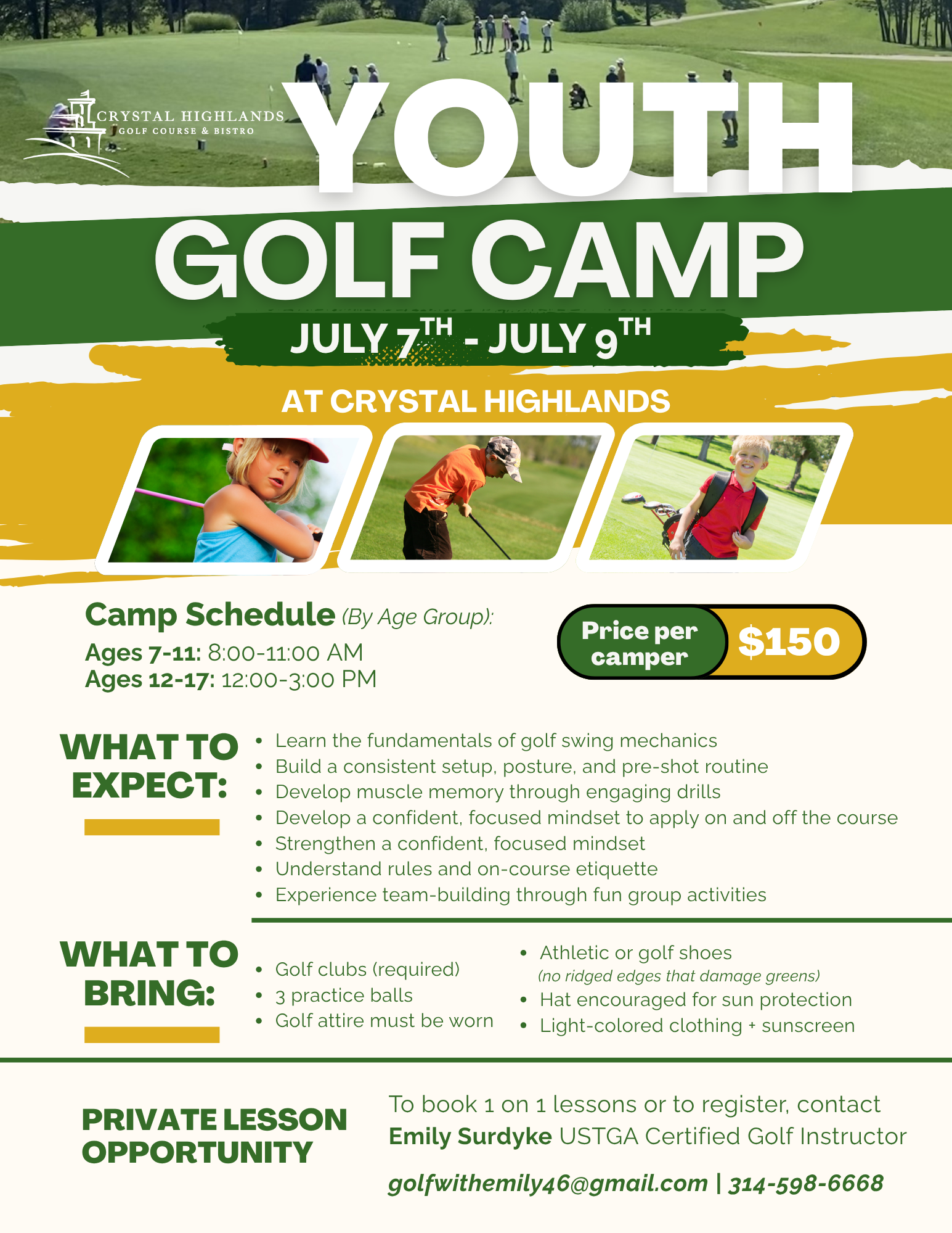 plit-screen banner showing three junior golfers at a youth camp: a young girl in a blue top and red visor practicing her golf swing, a young boy in an orange shirt and camo hat focusing on a putt, and a young smiling boy in a red shirt carrying a golf bag on his back.
